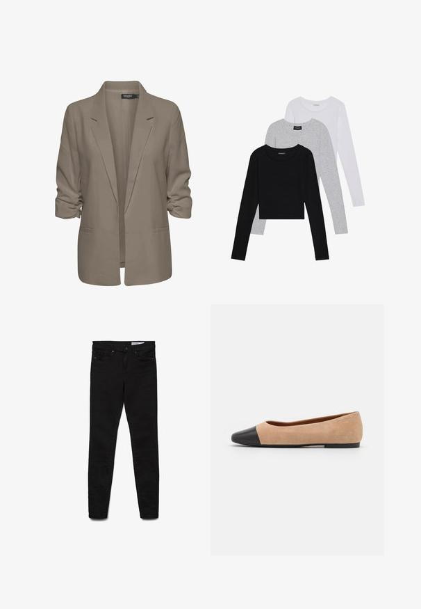 Blazer beige de corte holgado, hecho de tela suave, presenta mangas enrolladas, dos bolsillos laterales y un diseño de solapa muesca.; Tres camisetas de manga larga apiladas: negra, gris y blanca. Cada una tiene un escote redondo y un diseño recortado con una tela suave y ligera.; Jeans negros ajustados con cierre de botón y cremallera, bolsillos delanteros y traseros, exhibidos planos sobre un fondo blanco.; Bailarina de ante beige con una puntera redondeada de cuero negro, tacón bajo y textura suave, que presenta costuras mínimas y un diseño limpio.