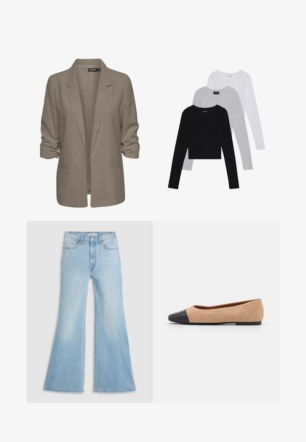 Beige volný blejzr, vyrobený z hladké tkaniny, má ohrnuté rukávy, dvě boční kapsy a klopový design.; Tři trička s dlouhým rukávem naskládaná na sobě: černé, šedé a bílé. Každé má kulatý výstřih a kratší střih z hladkého, lehkého materiálu.; Světle modré zvonové džíny s vysokým pasem, vyrobené z denimu. Obsahují klasický design s pěti kapsami a surový lem na manžetách.; Béžové semišové baleríny s černou koženou kulatou špičkou, nízkým podpatkem a hladkým povrchem, s minimálním prošíváním a čistým designem.