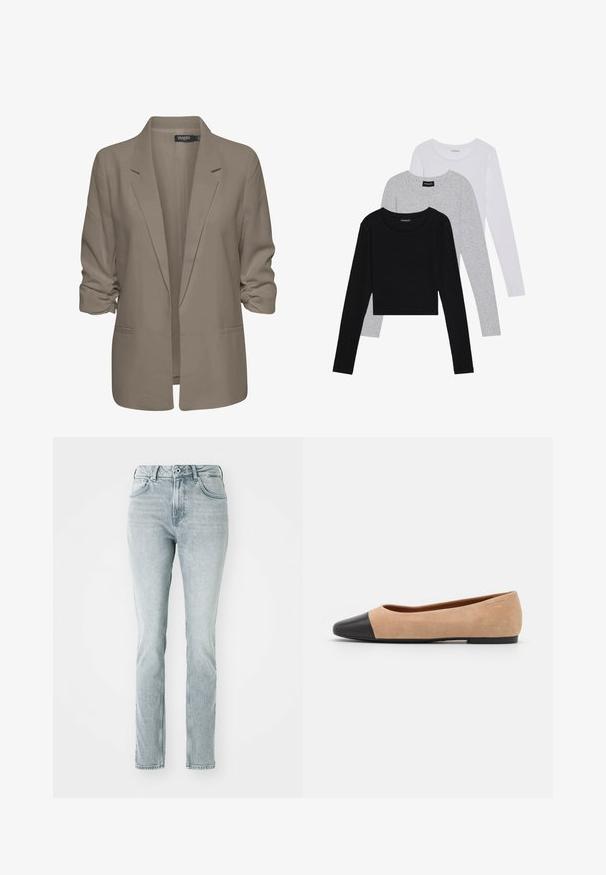 Beige lös passande blazer, tillverkad av mjukt tyg, har uppvikt ärmar, två sidofickor och en notch-lapel-design.; Tre långärmade tröjor staplade: svart, grå och vit. Var och en har en rund halsringning och en kort design med mjukt, lätt material.; Ljusblå denimjeans med rak benform, hög midja, framfickor och en blekt finish. Har bälteshällor och knäppning.; Beige mockasins med rund svart lädertå, låg klack och mjuk yta, med minimal sömnad och en ren design.