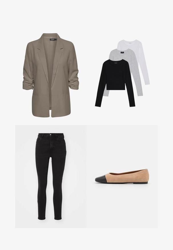 Smėlinis laisvas blazeris, pagamintas iš lygios medžiagos, turi suktus rankovės, dvi šonines kišenes ir įpjautą apykaklę.; Trijų ilgomis rankovėmis marškinėlių krūva: juodas, pilkas ir baltas. Kiekvienas turi apvalų iškirpimą ir trumpą dizainą, pagamintas iš lygaus, lengvo audinio.; Juodos džinsinės skinny kelnės su aukštu liemeniu, turinčiomis penkis kišenes, priekinį užtrauktuką ir metalinį mygtuką. Lygus paviršius su nežymia elastine medžiaga.; Šviesiai rudas zomšiniai baleto bateliai su juodu odiniu suapvalintu pirštu, maža pakulne ir lygia tekstūra, su minimaliai siūlėmis ir tvarkingu dizainu.