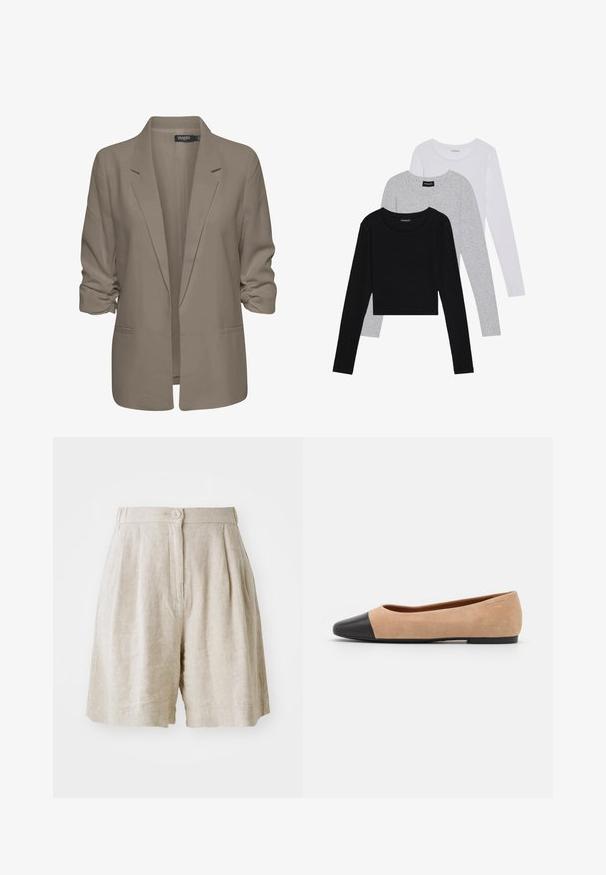 Beige lös passande blazer, tillverkad av mjukt tyg, har uppvikt ärmar, två sidofickor och en notch-lapel-design.; Tre långärmade tröjor staplade: svart, grå och vit. Var och en har en rund halsringning och en kort design med mjukt, lätt material.; Beiga linshorts med knappstängning, veckad front och sidofickor. Tyget har en strukturerad yta som ger en avslappnad passform.; Beige mockasins med rund svart lädertå, låg klack och mjuk yta, med minimal sömnad och en ren design.