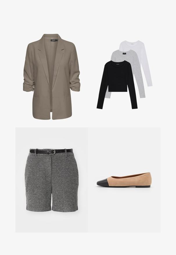Beige lös passande blazer, tillverkad av mjukt tyg, har uppvikt ärmar, två sidofickor och en notch-lapel-design.; Tre långärmade tröjor staplade: svart, grå och vit. Var och en har en rund halsringning och en kort design med mjukt, lätt material.; Grå texturerade shorts med ett svart bälte, med platt fram, två sidofickor och en bakficka.; Beige mockasins med rund svart lädertå, låg klack och mjuk yta, med minimal sömnad och en ren design.