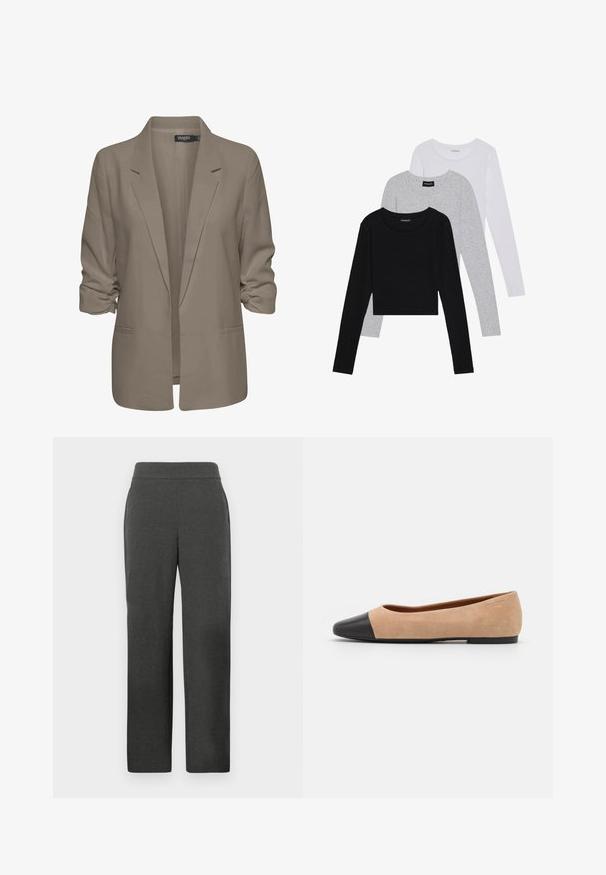 Beige lös passande blazer, tillverkad av mjukt tyg, har uppvikt ärmar, två sidofickor och en notch-lapel-design.; Tre långärmade tröjor staplade: svart, grå och vit. Var och en har en rund halsringning och en kort design med mjukt, lätt material.; Mörkgrå raka byxor med en åtsittande midja och sidofickor, visade mot en enkel ljus bakgrund.; Beige mockasins med rund svart lädertå, låg klack och mjuk yta, med minimal sömnad och en ren design.