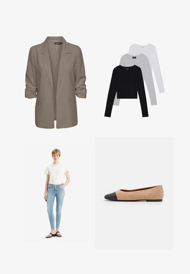 Beige lõdvalt istuv bleiser, valmistatud siledast kangast, millel on üleskeeratud varrukad, kaks küljetaskut ja lõikega krae.; Kolm pikkade varrukatega toppi, mis on üksteise peale asetatud: must, hall ja valge. Igal ühel on ümar kaelus ja lühike disain, valmistatud siledast, kergekaalulisest kangast.; Heledad sinine teksapüksid kõrge vöökohaga, valmistatud denimist, koos kreemika puuvillase t-särgiga ja mustade rihmadega sandaalidega.; Beežist nubukist balletkingad musta nahast ümara ninaotsaga, madala kanna ja siledaga, millel on minimaalne õmblus ja lihtne disain.