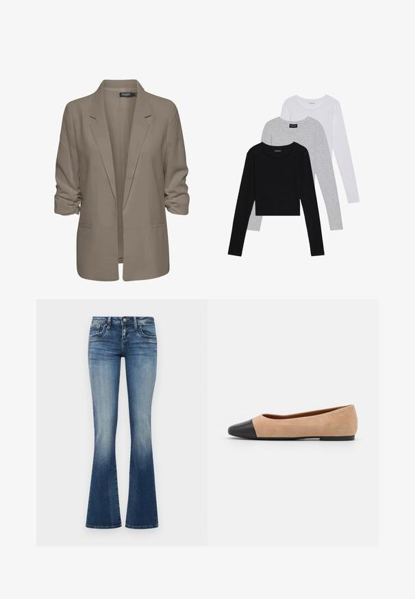 Blazer bej, cu croi lejer, fabrică netedă, are mâneci suflate, două buzunare laterale și un design cu rever zimțat.; Trei bluze cu mânecă lungă așezate: neagră, gri și albă. Fiecare are un guler rotund și un design scurt, realizat dintr-un material fin și ușor.; Jeans din denim evazați, de culoare albastru mediu, cu un finisaj uzat. Include cinci buzunare, bucle pentru curea și cusături în contrast. Material moale, texturat.; Baletă din suede bej cu vârf rotund din piele neagră, toc jos și textură netedă, având cusături minime și un design curat.