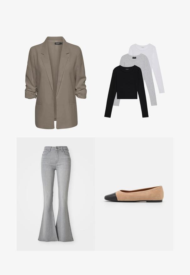 Beige loose-fitting blazer, made of smooth fabric, features rolled sleeves, two side pockets, and a notched lapel design.; Three long-sleeve tops stacked: black, grey, and white. Each has a round neckline and a cropped design with smooth, lightweight fabric.; High-waisted light gray denim jeans with a flared leg, front button, zipper fly, and front and back pockets.; Beige suede ballet flat with a black leather rounded toe cap, low heel, and smooth texture, featuring minimal stitching and a clean design.