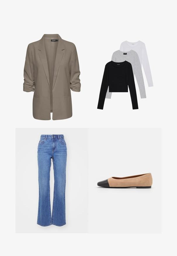 Beige lös passande blazer, tillverkad av mjukt tyg, har uppvikt ärmar, två sidofickor och en notch-lapel-design.; Tre långärmade tröjor staplade: svart, grå och vit. Var och en har en rund halsringning och en kort design med mjukt, lätt material.; Högmidjade blå denimjeans med vida ben, med dragkedja, fem fickor och blekt utseende för en avslappnad stil.; Beige mockasins med rund svart lädertå, låg klack och mjuk yta, med minimal sömnad och en ren design.