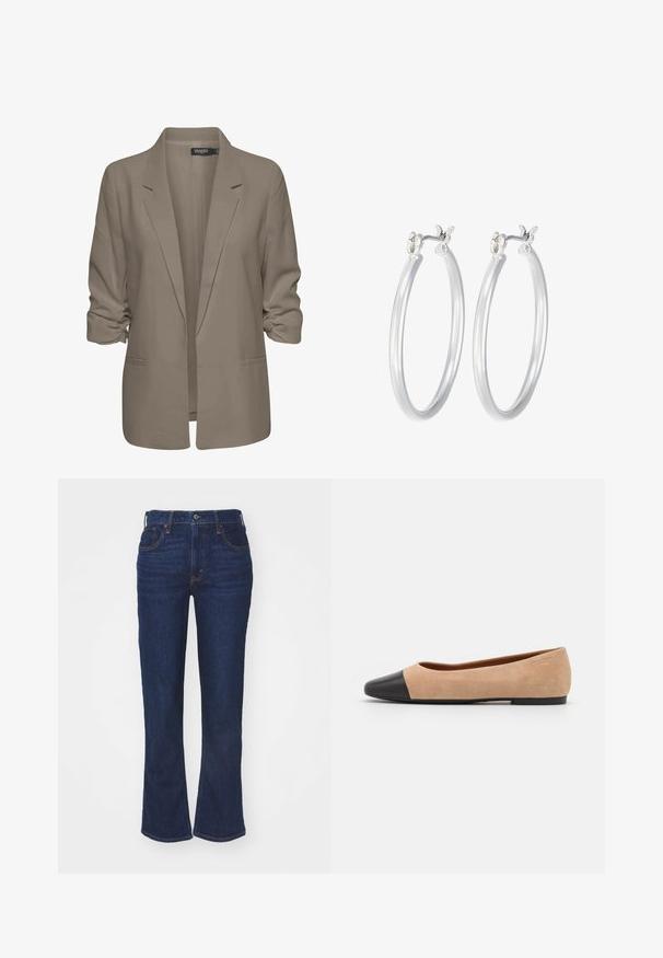 Béžový voľný sako, vyrobené z hladkej látky, má zrolované rukávy, dve bočné vrecká a design so zárezom na klopách.; Tričko s dlhým rukávom v troch farbách: čiernej, sivej a bielej. Každé má okrúhly výstrih a skrátený strih vyrobený z hladkej, ľahkej tkaniny.; Tmavomodré riflové široké džínsy s vysokým pásom, dizajnom s piatimi vreckami, kontrastným šitím a zapínaním na gombík. Hladká textúra.; Béžové semišové baletky s čiernou koženou okrúhlou špičkou, nízkym podpätkom a hladkou textúrou, s minimálnym prešívaním a čistým dizajnom.; Strieborné kruhové náušnice s hladkým, lesklým povrchom. Kolový tvar a bezpečné klikanie na uzatváranie. Ľahký dizajn vhodný na každodenné nosenie.