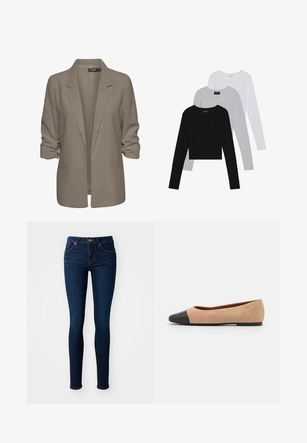 Bežs brīvā piegriezuma žakete, izgatavota no gludas auduma, ar sarullētām piedurknēm, divām sānu kabatām un ar iedziļinātu apkakles dizainu.; Trīs garām piedurknēm veidotas augšdaļas, sakrautās: melna, pelēka un balta. Katram ir noapaļots kakla izgriezums un īsa dizaina forma ar gludu, vieglu audumu.; Tumši zili šauri džinsi ar klasisku dizainu, kas ietver priekšējos kabatas, vienu pogu slēgšanu un nedaudz izgaismotu tekstūru.; Beigā zamšādas balerīnas ar melnu ādas noapaļotu purngalu, zemu papēdi un gludu tekstūru, ar minimālu dūrienu un tīru dizainu.