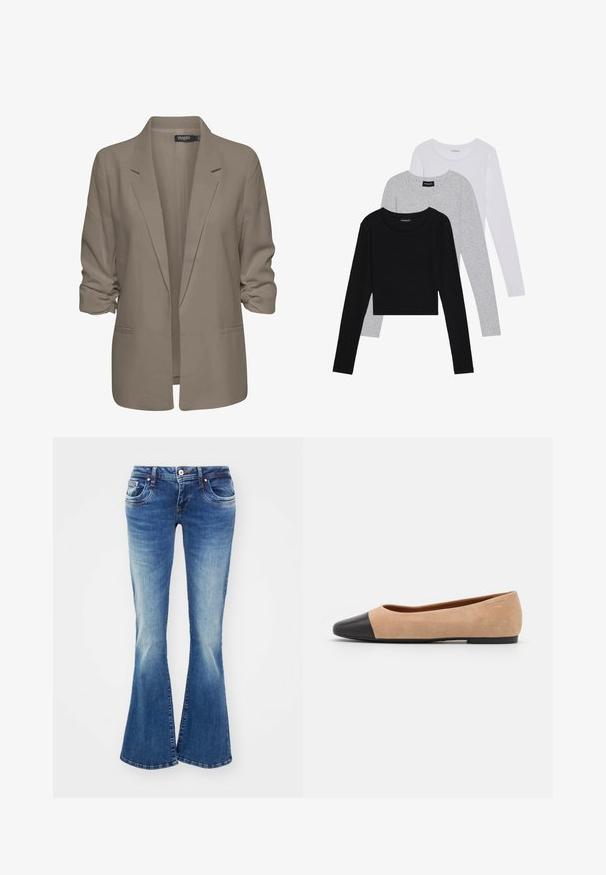 Bež srajcni blazer, ohlapen kroj, izdelan iz gladkega materiala, z zavitimi rokavi, dvema stranskima žepoma in zareznim ovratnikom.; Tri dolga rokava zložena: črna, siva in bela. Vsaka ima okroglo izreznico in skrajšan dizajn z gladkim, lahkotnim materialom.; Modre kavbojke s širokimi hlačnicami, srednjim pasom, dvema sprednjima žepoma in svetlim zbledelostjo za teksturiran videz.; Bež suedska baletna obutev s črnim usnjenim okroglim delom na prstih, nizko peto in gladko teksturo, ki se ponaša z minimalnimi šivi in čistim dizajnom.