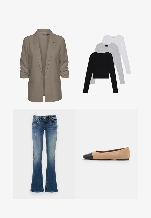 Beige volný blejzr, vyrobený z hladké tkaniny, má ohrnuté rukávy, dvě boční kapsy a klopový design.; Tři trička s dlouhým rukávem naskládaná na sobě: černé, šedé a bílé. Každé má kulatý výstřih a kratší střih z hladkého, lehkého materiálu.; Džíny v modrém denimovém provedení s rozšířenými nohavicemi, středně modré barvy se zesvětlenými oblastmi a poškozenými detaily. Obsahují pět kapes a zip se zapínáním na knoflík.; Béžové semišové baleríny s černou koženou kulatou špičkou, nízkým podpatkem a hladkým povrchem, s minimálním prošíváním a čistým designem.