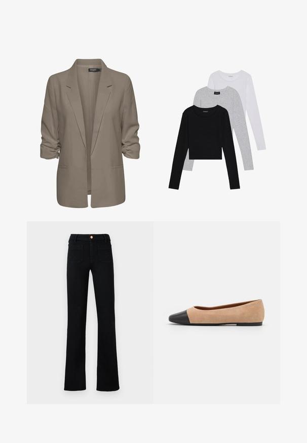 Beige løs blazer lavet af glat stof, har rullede ærmer, to sidelommer og en krave med hak.; Tre langærmede toppe stablet: sort, grå og hvid. Hver har en rund halsudskæring og et cropped design med glat, let stof.; Sorte flagrende jeans med en mellem-høj talje, kobberknaplukning og to baglommer. Lavet af denim stof med en glat overflade.; Beige ruskind balletflade med en sort læder rund tåkap, lav hæl og glat tekstur, der har minimal syning og et enkelt design.
