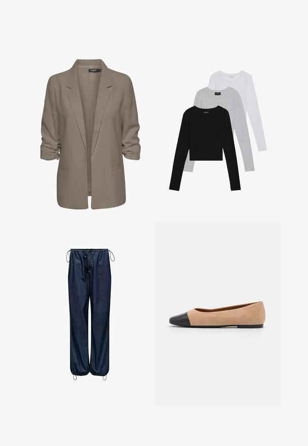 Bežs brīvā piegriezuma žakete, izgatavota no gludas auduma, ar sarullētām piedurknēm, divām sānu kabatām un ar iedziļinātu apkakles dizainu.; Trīs garām piedurknēm veidotas augšdaļas, sakrautās: melna, pelēka un balta. Katram ir noapaļots kakla izgriezums un īsa dizaina forma ar gludu, vieglu audumu.; Tumši zili džinsu bikses ar elastīgu jostasvietu, ārējo auklu, sānu kabatām un sašaurinātu apakšdaļu ar regulējamām auklām.; Beigā zamšādas balerīnas ar melnu ādas noapaļotu purngalu, zemu papēdi un gludu tekstūru, ar minimālu dūrienu un tīru dizainu.