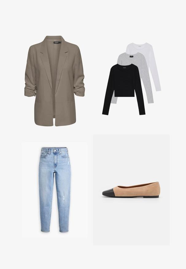 Smėlinis laisvas blazeris, pagamintas iš lygios medžiagos, turi suktus rankovės, dvi šonines kišenes ir įpjautą apykaklę.; Trijų ilgomis rankovėmis marškinėlių krūva: juodas, pilkas ir baltas. Kiekvienas turi apvalų iškirpimą ir trumpą dizainą, pagamintas iš lygaus, lengvo audinio.; Šviesiai mėlynos džinsinės kelnės su aukštu juosmeniu, tiesiomis kojomis, su subtiliais šviesėjimais ir nedideliu nusidėvėjimu dešinėje šlaunyje.; Šviesiai rudas zomšiniai baleto bateliai su juodu odiniu suapvalintu pirštu, maža pakulne ir lygia tekstūra, su minimaliai siūlėmis ir tvarkingu dizainu.