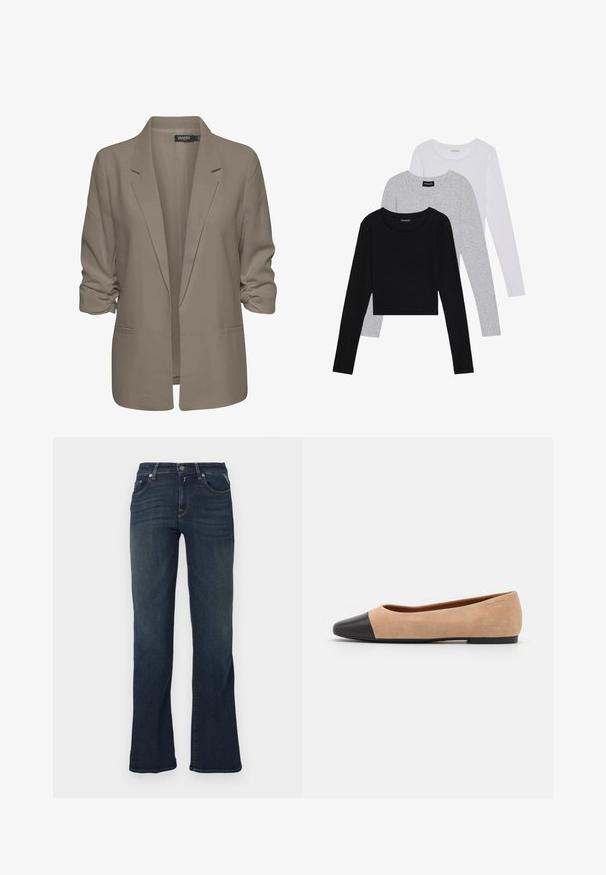 Smėlinis laisvas blazeris, pagamintas iš lygios medžiagos, turi suktus rankovės, dvi šonines kišenes ir įpjautą apykaklę.; Trijų ilgomis rankovėmis marškinėlių krūva: juodas, pilkas ir baltas. Kiekvienas turi apvalų iškirpimą ir trumpą dizainą, pagamintas iš lygaus, lengvo audinio.; Tamsiai mėlynos džinsinės kelnės su platėjančio kojų dizainu, turinčios penkis kišenes ir kontrastingus siūlės ornamentus. Lygus paviršius ir standartinė juosmens linija.; Šviesiai rudas zomšiniai baleto bateliai su juodu odiniu suapvalintu pirštu, maža pakulne ir lygia tekstūra, su minimaliai siūlėmis ir tvarkingu dizainu.