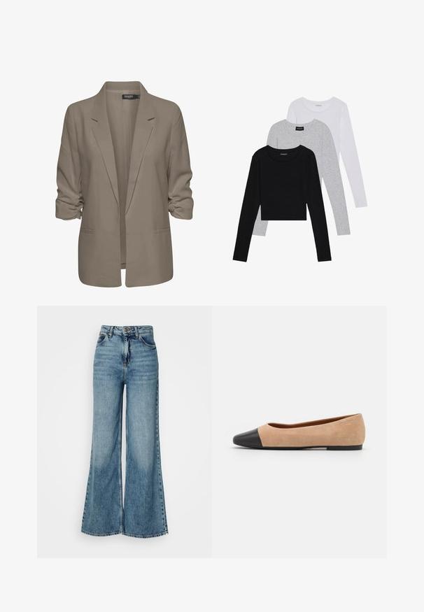 Beige loose-fitting blazer, made of smooth fabric, features rolled sleeves, two side pockets, and a notched lapel design.; Three long-sleeve tops stacked: black, grey, and white. Each has a round neckline and a cropped design with smooth, lightweight fabric.; High-waisted, light blue wide-leg denim jeans with front pockets and button closure, shown against a plain white background.; Beige suede ballet flat with a black leather rounded toe cap, low heel, and smooth texture, featuring minimal stitching and a clean design.
