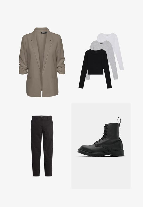 Bež jakna slobodnog kroja, izrađena od glatkog materijala, ima podvrnute rukave, dva bočna džepa i dizajn s izrezanim reverom.; Tri dugih rukava posložena: crna, siva i bijela. Svaka ima okrugli izrez i skrateni kroj s glatkom, laganom tkaninom.; Crne pamučne chinos hlače s ravnim krojem, prednjim džepovima i dugmetom za zatvaranje. Gladka tekstura s minimalnim detaljima šivanja.; Crne kožne vojničke čizme s okruglim vrhom, vezicama sprijeda i petljom na gležnju. Imaju gusti gumeni potplat za izdržljivost.