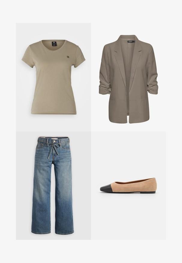 Beige loose-fitting blazer, made of smooth fabric, features rolled sleeves, two side pockets, and a notched lapel design.; G-STAR EYBEN - Basic T-shirt - shamrock; Light blue wide-leg jeans made from denim, featuring a drawstring waist, two front pockets, and subtle fading for texture.; Beige suede ballet flat with a black leather rounded toe cap, low heel, and smooth texture, featuring minimal stitching and a clean design.