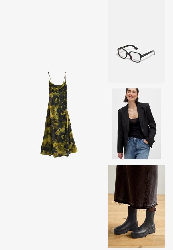 Czarny żakiet o strukturalnym kroju, zapinany na pojedynczy guzik, z ostrymi klapami; połączony z czarnym przezroczystym topem i niebieskimi, postarzanymi dżinsami.; Sukienka bez rękawów z dekoltem typu cowl w kamuflażowym wzorze w ciemnozielonym, oliwkowym i czarnym kolorze. Miękka, zwiewna tkanina o luźnym kroju.; Czarne skórzane botki za kostkę z elastycznymi panelami po bokach, masywną gumową podeszwą oraz zaokrąglonym noskiem, zestawione z ciemną, postrzępioną spódnicą dżinsową.; Czarne prostokątne okulary z przezroczystymi soczewkami, z zaokrąglonymi krawędziami i bocznymi akcentami, z błyszczącym wykończeniem na oprawie i podrękach.