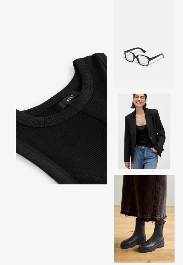 Blazer noir au design structuré, fermeture à un bouton et revers acérés ; associé à un haut transparent noir et un jean bleu déchiré.; Débardeur noir à côtes avec un col rond, en tissu texturé, et une étiquette avec le nom de la marque "NEXT" cousue dans le col.; Bottines noires en cuir avec des panneaux élastiques sur les côtés, une semelle en caoutchouc épaisse et un bout arrondi, associées à une jupe en denim foncé effilochée.; Lunettes noires rectangulaires avec des verres transparents, présentant des bords arrondis et des accents sur les côtés, avec une finition brillante sur la monture et les branches.