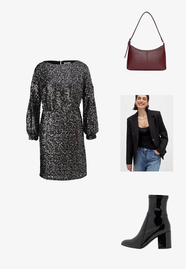 Czarny żakiet o strukturalnym kroju, zapinany na pojedynczy guzik, z ostrymi klapami; połączony z czarnym przezroczystym topem i niebieskimi, postarzanymi dżinsami.; Czarna sukienka pokryta srebrnymi i czerwonymi cekinami, z okrągłym dekoltem, długimi bufkami i talią podkreśloną w pasie. Zamek błyskawiczny z tyłu.; Czarne lakierowane botki za kostkę o gładkiej fakturze, z ostro zakończonym noskiem i wyraźnym blokowym obcasem. Charakteryzują się brakiem zamka oraz kontrastowym przeszyciem.; Bordowa torebka skórzana o zaokrąglonym kształcie, z jednym paskiem na ramię i przeszyciami w centrum. Gładka faktura, minimalna ilość elementów metalowych.