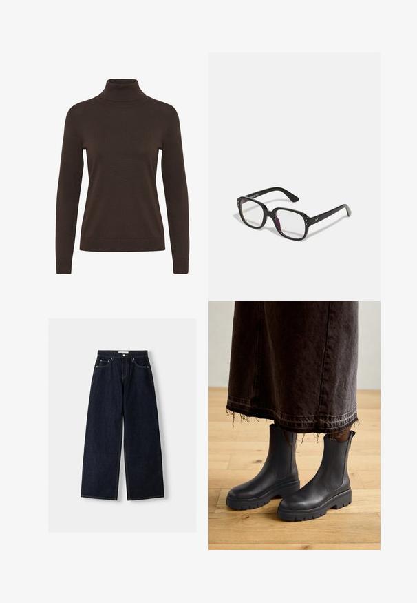 Schwarze Blazer mit strukturiertem Design, Ein-Knopf-Verschluss und scharfen Revers; kombiniert mit einem schwarzen transparenten Oberteil und blauen, ausgewaschenen Jeans.; Brauner Rollkragenpullover mit langen Ärmeln, körperbetontem Design und geripptem Struktur um den Kragen und die Bündchen.; Hellbraunes Denim-Hemd mit langen Ärmeln, spitzem Kragen, zwei Fronttaschen und silbernen Druckknöpfen. Verfügt über einen lässigen Schnitt und strapazierfähige Textur.; Dunkelblaue, weite Jeans mit hoher Taille, fünf Taschen, Kontrastnähten und silbernem Metallzubehör. Glatte Textur und saubere Verarbeitung.; Schwarze Leder-Ankle-Boots mit elastischen Seitenteilen, einer stabilen Gummisohle und einer runden Zehenpartie, kombiniert mit einem dunklen, ausgefransten Jeansrock.; Schwarze rechteckige Brille mit klaren Gläsern, abgerundeten Kanten und seitlichen Akzenten, mit glänzender Oberfläche des Rahmens und der Bügel.