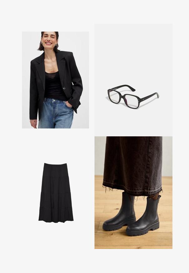 Čierny blazer so štruktúrovaným dizajnom, jedným gombíkom a ostrými klopami; kombinovaný s čiernym priehľadným topom a modrými roztrhnutými džínsami.; Svetlohnedá deninová košeľa s dlhými rukávmi, špicatým golierom, dvoma prednými vreckami a striebornými cvokmi. Má uvoľnený strih a odolnú textúru.; Čierna maxi sukňa v tierovom strihu vyrobená z ľahkého materiálu. Elastický pás s tromi horizontálnymi ruffles, ktorý ponúka vzdušný siluetu.; Čierne kožené členkové topánky s elastickými bočnými panelmi, robustnou gumovou podrážkou a zaoblenou špičkou, skombinované s tmavou, otrhanou džínsovou sukňou.; Čierne obdĺžnikové okuliare s priesvitnými sklami, s zaoblenými okrajmi a bočnými akcentmi, s lesklým povrchom rámu a ramien.