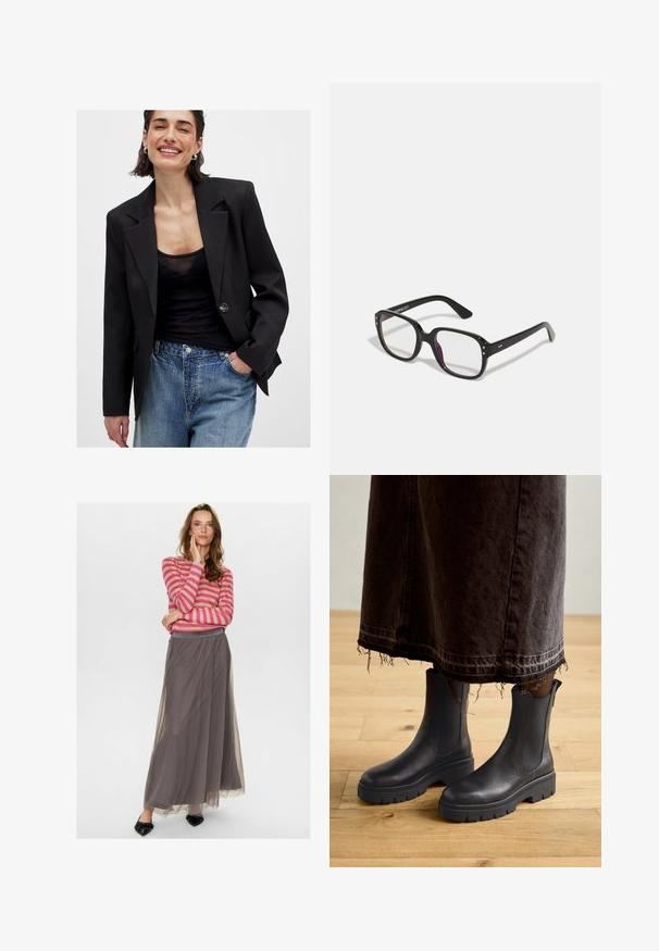 Blazer nero con un design strutturato, chiusura a un bottone e rever affilati; abbinato a un top nero trasparente e jeans blu strappati.; Camicia in denim marrone chiaro con maniche lunghe, colletto a punta, due tasche frontali e bottoni a pressione argentati. Presenta una vestibilità comoda e una texture resistente.; Nümph NUEA - Gonna lunga - dark shadow; Stivali neri in pelle fino alla caviglia con pannelli elastici laterali, suola in gomma spessa e punta arrotondata, abbinati a una gonna di denim scuro e sfilacciata.; Occhiali neri rettangolari con lenti trasparenti, caratterizzati da bordi arrotondati e dettagli laterali, con una finitura lucida sulla montatura e sulle astine.