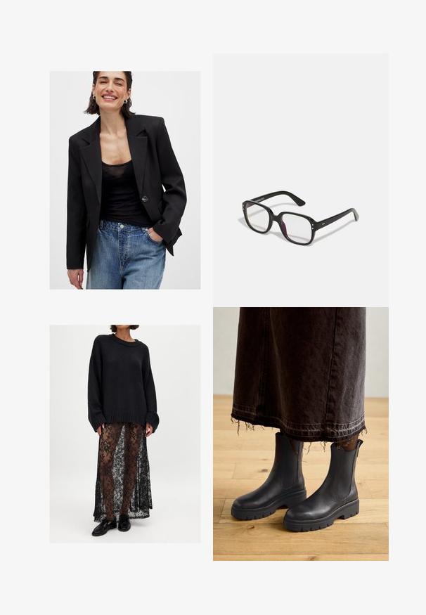 Must tooni bleiser, millel on struktureeritud disain, ühekohaline nööp ja teravad kraed; koos musta pooleläbipaistva topi ja siniste kulunud teksadega.; Heled pruun denim särk, millel on pikad varrukad, terav krae, kaks eesmist taskut ja hõbedased nööbid. Omab mugavat lõiget ja vastupidavat tekstuuri.; Liialine musta kudumisega sviiter, millel on ribatud äär, on kokku sobitatud läbipaistva musta pitsseelikuga, millel on lillemuster. Mustad jalanõud lõpetavad välimuse.; Mustad nahast ankle kingad elastsete külgpaneelidega, tugeva kummitald ja ümar varb, koos tumeda, kulunud denim seelikuga.; Mustad mustad prillid selgete läätsedega, ringikujuliste servade ja külgaktsentidega, läikiva viimistlusega raami ja kätega.