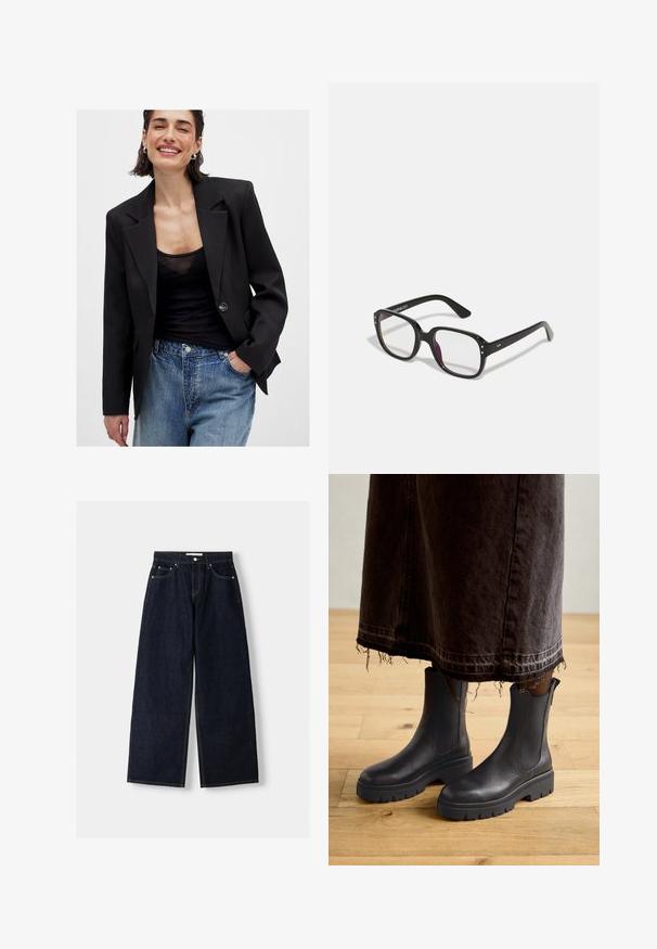 Musta puku, jossa on jämäkkä muotoilu, yksi napin sulku ja terävät kaulukset; yhdistettynä mustaan läpinäkyvään puseroon ja sinisiin kulutettuihin farkkuihin.; Vaaleanruskea farkkupaita pitkillä hihoilla, teräväkauluksella, kahdella etutaskulla ja hopeanvärisillä napitusneuloilla. Ominaisuuksiin kuuluvat rento istuvuus ja kestävä rakenne.; Tummansiniset farkut, joissa on leveät lahkeet ja korkea vyötärö, viisi taskua, kontrastiväriset saumat ja hopeiset metalliosat. Sileä pinta ja siisti viimeistely.; Mustat nahkakengät nilkkapituiset, joissa on elastiset sivupaneelit, paksu kumipohja ja pyöreä kärki, yhdistetty tumman, rispaantuneen farkkuhameen kanssa.; Mustat suorakulmaiset lasit kirkkailla linsseillä, pyöristettyjen reunojen ja sivu-akseleiden kanssa, kiiltävällä viimeistelyllä kehykset ja varsissa.