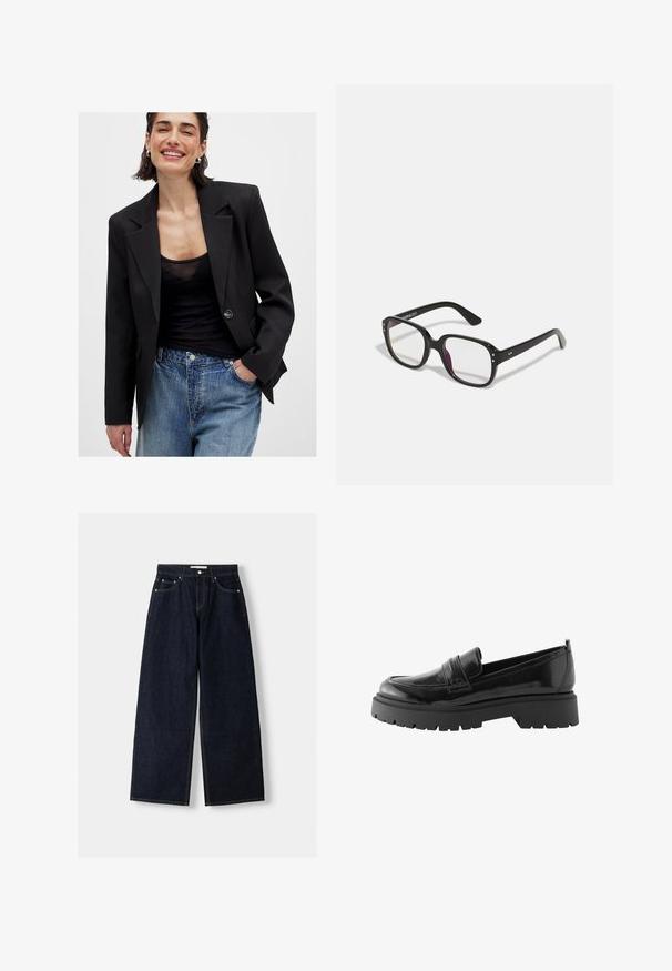Blazer nero con un design strutturato, chiusura a un bottone e rever affilati; abbinato a un top nero trasparente e jeans blu strappati.; Camicia in denim marrone chiaro con maniche lunghe, colletto a punta, due tasche frontali e bottoni a pressione argentati. Presenta una vestibilità comoda e una texture resistente.; Jeans a gamba larga in denim blu scuro con vita alta, cinque tasche, cuciture a contrasto e hardware in metallo argentato. Texture liscia e finitura pulita.; Mocassini in vernice nera presentano una suola platform bassa con una trama robusta e un dettaglio cucito sulla parte centrale del piede.; Occhiali neri rettangolari con lenti trasparenti, caratterizzati da bordi arrotondati e dettagli laterali, con una finitura lucida sulla montatura e sulle astine.