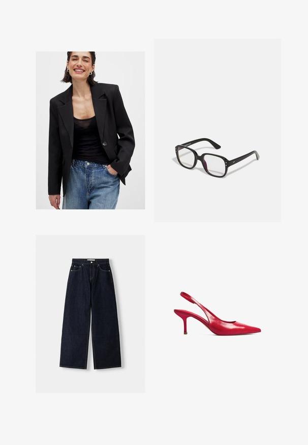 Blazer noir au design structuré, fermeture à un bouton et revers acérés ; associé à un haut transparent noir et un jean bleu déchiré.; Chemise en denim marron clair à manches longues, col pointu, deux poches avant et boutons-pression argentés. Présente une coupe décontractée et une texture durable.; Jean large en denim bleu foncé à taille haute, avec cinq poches, des coutures contrastées et des éléments en métal argenté. Texture lisse et finition soignée.; Talons aiguilles rouges en cuir avec un bout pointu et un talon fin. Texture lisse avec un design minimaliste et une découpe au niveau du talon.; Lunettes noires rectangulaires avec des verres transparents, présentant des bords arrondis et des accents sur les côtés, avec une finition brillante sur la monture et les branches.