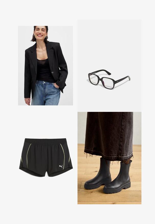 Zwarte blazer met een gestructureerd ontwerp, gesloten met één knop en scherpe revers; gedragen met een zwarte doorzichtige top en blauwe versleten jeans.; Lichtbruin denimshirt met lange mouwen, een puntkraag, twee voorzakken en zilveren drukknoopjes. Beschikt over een ontspannen pasvorm en een duurzame textuur.; Zwarte sportieve shorts van lichtgewicht materiaal, met gele zijaccenten en een elastische tailleband. Logo geplaatst aan de onderkant links.; Zwarte leren enkellaarzen met elastische zijpanelen, een stevige rubberen zool en een ronde neus, gecombineerd met een donkere, versleten denim rok.; Zwarte rechthoekige bril met heldere lenzen, voorzien van afgeronde randen en zijaccenten, met een glanzende afwerking van het montuur en de pootjes.