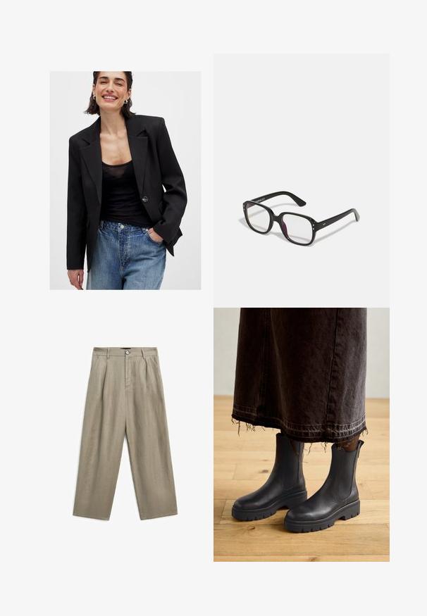 Zwarte blazer met een gestructureerd ontwerp, gesloten met één knop en scherpe revers; gedragen met een zwarte doorzichtige top en blauwe versleten jeans.; Lichtbruin denimshirt met lange mouwen, een puntkraag, twee voorzakken en zilveren drukknoopjes. Beschikt over een ontspannen pasvorm en een duurzame textuur.; Kaki linnen broek met een losse fit, voorzien van een knoopsluiting aan de voorkant en geplooid ontwerp. Korte, rechte pijpen en een soepele textuur.; Zwarte leren enkellaarzen met elastische zijpanelen, een stevige rubberen zool en een ronde neus, gecombineerd met een donkere, versleten denim rok.; Zwarte rechthoekige bril met heldere lenzen, voorzien van afgeronde randen en zijaccenten, met een glanzende afwerking van het montuur en de pootjes.