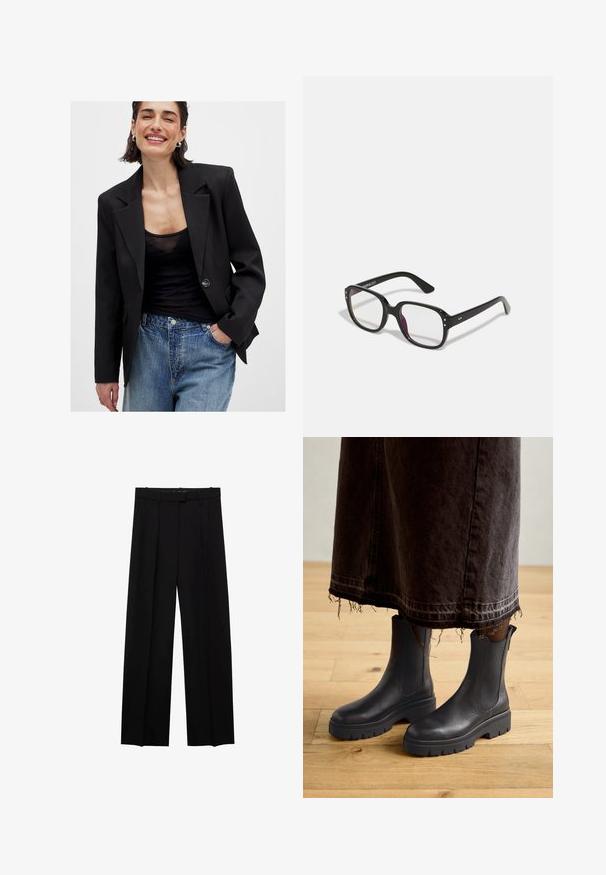 Zwarte blazer met een gestructureerd ontwerp, gesloten met één knop en scherpe revers; gedragen met een zwarte doorzichtige top en blauwe versleten jeans.; Lichtbruin denimshirt met lange mouwen, een puntkraag, twee voorzakken en zilveren drukknoopjes. Beschikt over een ontspannen pasvorm en een duurzame textuur.; Zwarte wijde broek met een geklede uitstraling, twee voorplooien, riemlussen en een gladde textuur. Geen opvallende patronen of accenten.; Zwarte leren enkellaarzen met elastische zijpanelen, een stevige rubberen zool en een ronde neus, gecombineerd met een donkere, versleten denim rok.; Zwarte rechthoekige bril met heldere lenzen, voorzien van afgeronde randen en zijaccenten, met een glanzende afwerking van het montuur en de pootjes.