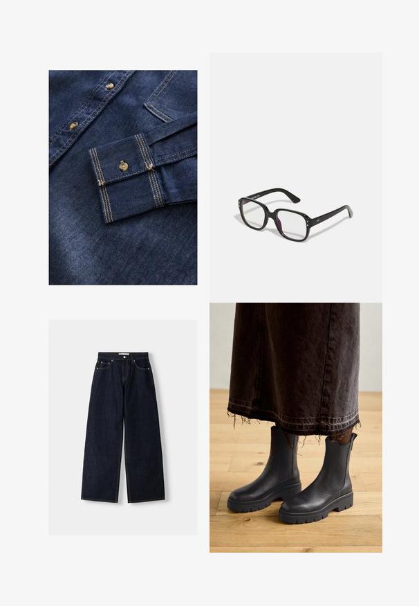 Blazer nero con un design strutturato, chiusura a un bottone e rever affilati; abbinato a un top nero trasparente e jeans blu strappati.; Camicia in denim blu scuro con cuciture marrone chiaro, dotata di colletto button-down e una tasca singola sulla manica sinistra.; Jeans a gamba larga in denim blu scuro con vita alta, cinque tasche, cuciture a contrasto e hardware in metallo argentato. Texture liscia e finitura pulita.; Stivali neri in pelle fino alla caviglia con pannelli elastici laterali, suola in gomma spessa e punta arrotondata, abbinati a una gonna di denim scuro e sfilacciata.; Occhiali neri rettangolari con lenti trasparenti, caratterizzati da bordi arrotondati e dettagli laterali, con una finitura lucida sulla montatura e sulle astine.