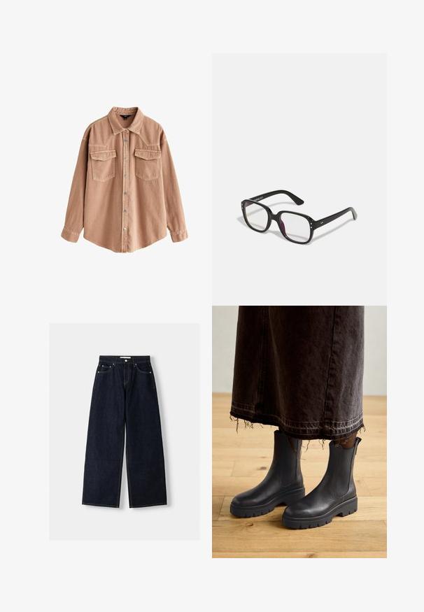 Sort blazer med en struktureret design, enkelt knaplukning og skarpe revers; parret med en sort gennemsigtig top og blå slidte jeans.; Lysebrun denimskjorte med lange ærmer, spids krave, to forlommer og sølvfarvede trykknapper. Har en afslappet pasform og holdbart materiale.; Mørkeblå denim wide-leg jeans med høj talje, fem lommer, kontraststing og sølvfarvet metalbeslag. Glat overflade og pæn finish.; Sorte læder ankelstøvler med elastiske sidepaneler, en kraftig gummisål og en rund tå, parret med en mørk, flosset denimskørt.; Sorte rektangulære briller med klare linser, der har afrundede kanter og sideaccenter, med en blank finish på stellet og arme.