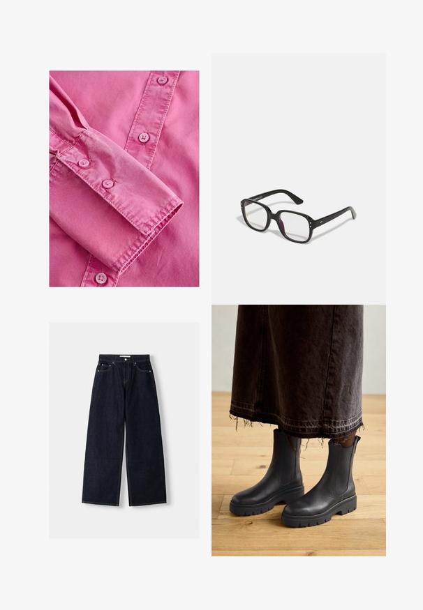 Zwarte blazer met een gestructureerd ontwerp, gesloten met één knop en scherpe revers; gedragen met een zwarte doorzichtige top en blauwe versleten jeans.; Roze lange mouwen shirt met een knoopmanchet, met een gladde textuur en bijpassende lichtroze knopen langs de voorpas. ; Donkerblauwe denim wijduitlopende jeans met een hoge taille, vijf zakken, contrasterende stiksels en zilveren metalen hardware. Gladde textuur en een nette afwerking.; Zwarte leren enkellaarzen met elastische zijpanelen, een stevige rubberen zool en een ronde neus, gecombineerd met een donkere, versleten denim rok.; Zwarte rechthoekige bril met heldere lenzen, voorzien van afgeronde randen en zijaccenten, met een glanzende afwerking van het montuur en de pootjes.