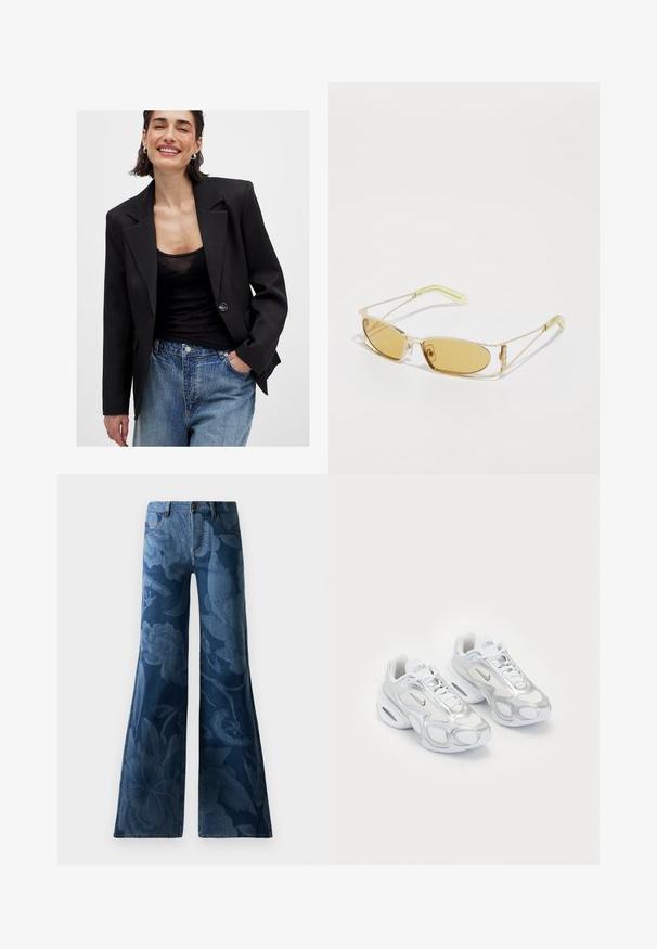 Czarny żakiet o strukturalnym kroju, zapinany na pojedynczy guzik, z ostrymi klapami; połączony z czarnym przezroczystym topem i niebieskimi, postarzanymi dżinsami.; Dwa bezrękawniki: jeden biały, o prążkowanej fakturze, a drugi jasnoszary z delikatnym wzorem heather. Oba mają okrągłe dekolty.; Dżinsy typu flare w ciemnoniebieskim kolorze z tonowym nadrukiem kwiatowym. Standardowy pięciokieszeniowy fason z zapięciem na guzik i zamek błyskawiczny.; Białe buty sportowe z siateczkową górą i srebrnymi akcentami, o unikalnym kształcie i poduszce powietrznej w pięcie. Wiązany design z logo.; Okulary przeciwsłoneczne w żółtym odcieniu z przezroczystą złotą oprawą, smukłym prostokątnym kształtem i kanciastymi ramionami z jasnoskalnymi akcentami.; Suede torba na ramię w odcieniu brązowym o luźnym kroju, z metalowymi ćwiekami z przodu jako detal oraz jedną szeroką rączką.
