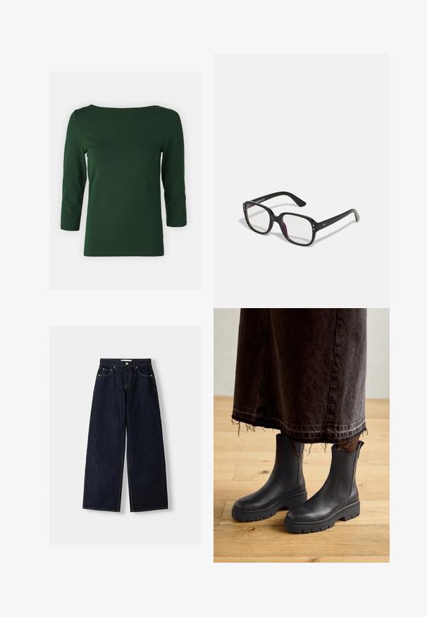 Sort blazer med en struktureret design, enkelt knaplukning og skarpe revers; parret med en sort gennemsigtig top og blå slidte jeans.; Mørkegrøn, langærmet bluse med bådudskæring. Glat tekstur, tætsiddende design og ærmer i mellemlængde. Ingen synlige mønstre eller detaljer.; Lysebrun denimskjorte med lange ærmer, spids krave, to forlommer og sølvfarvede trykknapper. Har en afslappet pasform og holdbart materiale.; Mørkeblå denim wide-leg jeans med høj talje, fem lommer, kontraststing og sølvfarvet metalbeslag. Glat overflade og pæn finish.; Sorte læder ankelstøvler med elastiske sidepaneler, en kraftig gummisål og en rund tå, parret med en mørk, flosset denimskørt.; Sorte rektangulære briller med klare linser, der har afrundede kanter og sideaccenter, med en blank finish på stellet og arme.