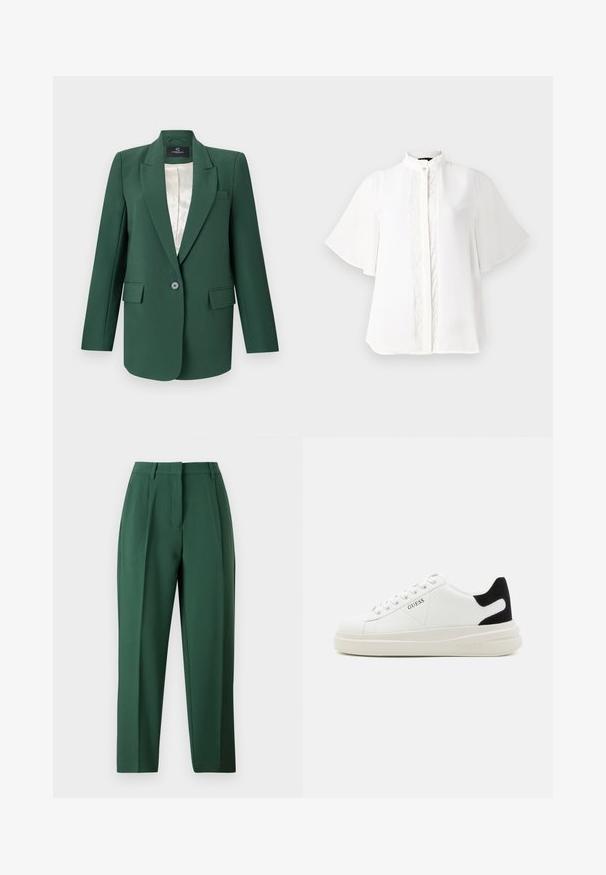 Zöld, formára szabott blézer, kis gombnyakkal, egysoros gombolás, két elülső zseb és selyem belső bélés. Simább anyag textúra.; Fehér blúz magas gallérral, rövid fodros ujjakkal és bonyolult függőleges hímzéssel az elején. Sima, könnyű anyag.; Zöld nadrág, testre szabott fazonnal, lapos elülső résszel, egyenes lábakkal és sima textúrával. Nincsenek látható zsebek vagy díszítések.; Fehér bőr sportcipők vastag fehér talppal, fekete velúr sarokpikkelyel és dombornyomott logóval az oldalon. Fűzős kialakítás, hat fűzőlyukkal.
