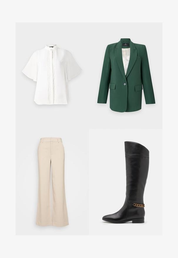 Sacou verde, ajustat, cu rever în formă de v, închidere cu un singur buton, două buzunare frontale și căptușeală din satin. Textură de țesătură netedă.; Bluză albă cu guler înalt, mâneci scurte puțin evazate și broderie verticală complicată pe față. Material ușor și neted.; Pantaloni bej cu croi larg, cu o textură netedă, având o talie înaltă și două buzunare frontale. Design curat cu o croială adaptată.; Cizme negre din piele înalte, cu un design elegant, vârf ascuțit și un accent de lanț auriu la gleznă. Toc mic în formă de bloc. Textură netedă.