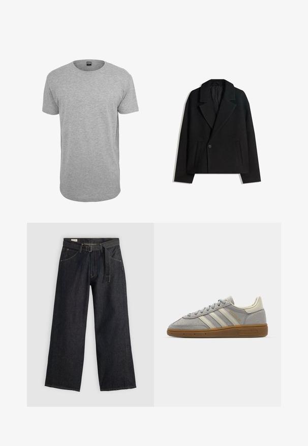 Sort uldblandet dobbeltradet frakke med strukturerede revers, to sidelommer og en enkelt knaplukning. Blødt, tekstureret stof.; Grå strikpullover med krave, tre knapper foran og ribbede kanter. Stoffet virker blødt og struktureret med en afslappet pasform.; Grå bomulds T-shirt med rund hals, korte ærmer, lige kant og en blød tekstur; minimal branding synlig ved halsudskæringen.; Mørk denim bukser med brede ben og bælte i taljen, som har forlommer og kontrastsytråd. Glat tekstur med et rent design.; Grå suedet sko med lysegrå læderstriber og en gummigummisole. Funktioner inkluderer snørebåndslukning og subtil branding på tungen.