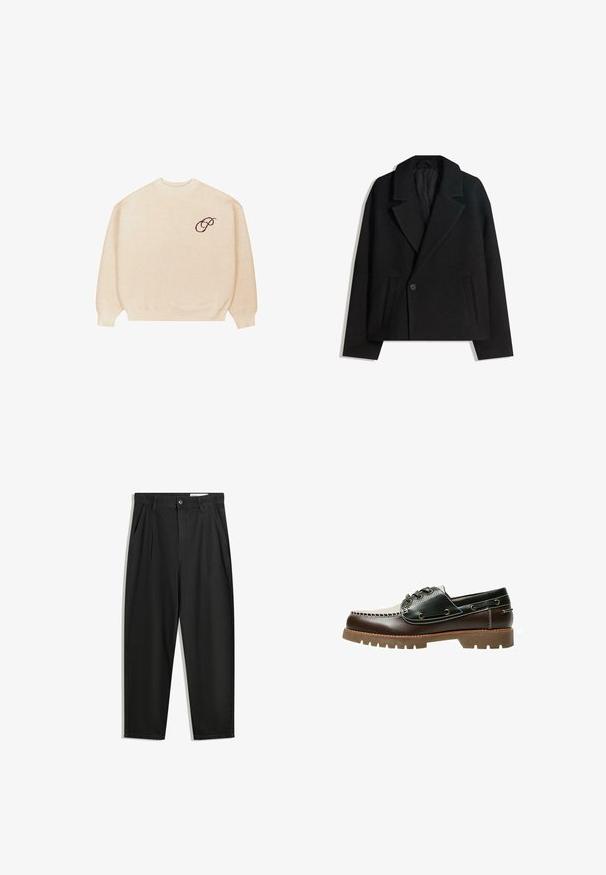 Schwarzer Wollmischung Doppelreiher-Mantel mit strukturierten Revers, zwei Seitentaschen und einer einzelnen Knopfschließe. Weicher, strukturiert Stoff.; Beige Rundhalspullover mit langen Ärmeln und gerippten Bündchen, mit einem kleinen dunklen gestickten Schriftzug "P" auf der linken Brust.; Schwarze Baumwollhose mit lockerem Schnitt, ausgestattet mit einem klassischen Bund, vorderen Falten und Seiten taschen. Glatte Textur ohne Muster.; Braun-schwarzes Leder-Bootsschuh mit Schnürung, kontrastierenden Nähten und einer strukturierten Gummisohle. Verfügt über Metallösen und eine abgerundete Zehenpartie.