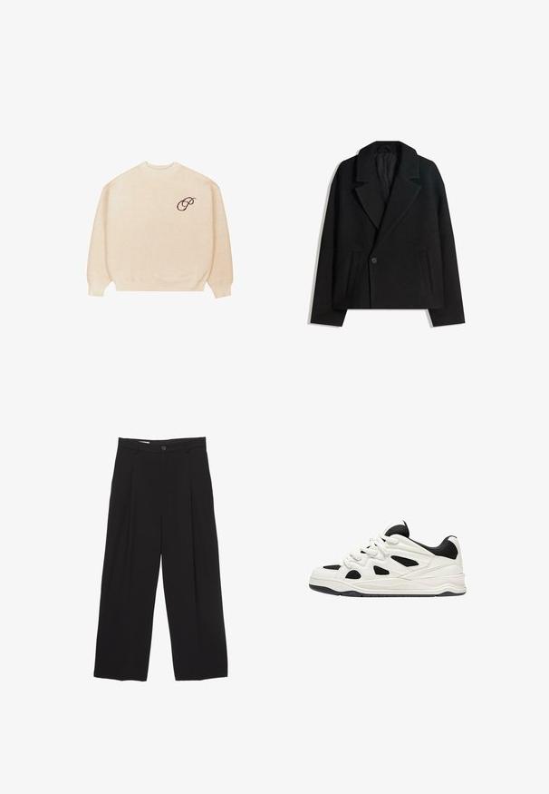 Schwarzer Wollmischung Doppelreiher-Mantel mit strukturierten Revers, zwei Seitentaschen und einer einzelnen Knopfschließe. Weicher, strukturiert Stoff.; Beige Rundhalspullover mit langen Ärmeln und gerippten Bündchen, mit einem kleinen dunklen gestickten Schriftzug "P" auf der linken Brust.; Schwarze weit geschnittene Hose aus glattem Stoff, mit flachem Taillenbund, vorderen Falten und einer einzigen Knopfverschlus.; Weiß-schwarze Sportschuhe mit einer strukturierten Sohle, die auf der Seite ausgeschnittene Designs und Schnürsenkel aufweisen, sowie eine gepolsterte Ferse für Unterstützung.