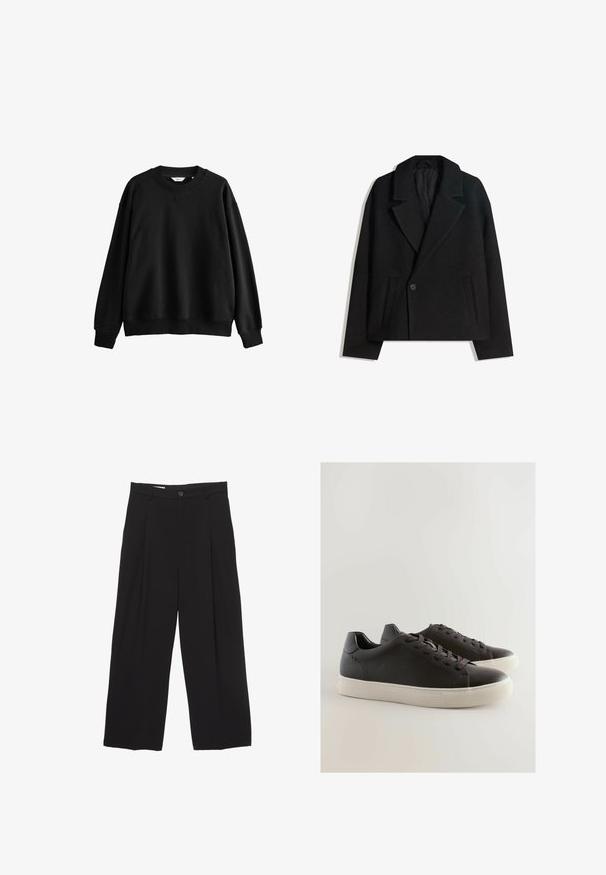 Black wool blend double-breasted coat with structured lapels, two side pockets, and a single button closure. Soft, textured fabric.; Black sweatshirt made from cotton blend, features a round neck, dropped shoulders, ribbed cuffs, and a relaxed, boxy fit.; Black wide-leg trousers made from smooth fabric, featuring a flat waistband, front pleats, and a single button closure.; Black leather sneakers with a textured finish, lace-up design, rubber sole, and contrasting white rim, featuring subtle accent stitching.