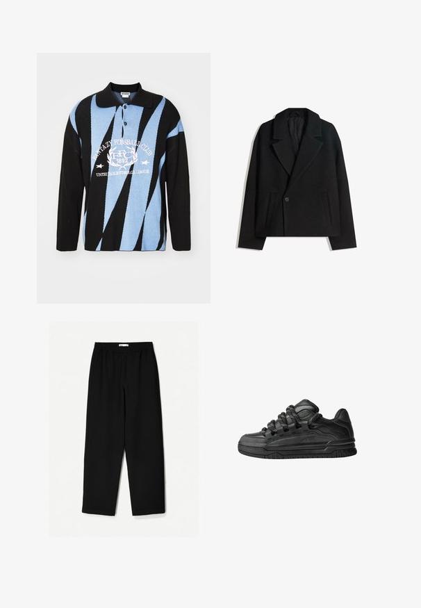 Zwart wollen blend dubbelzijdig jasje met gestructureerde revers, twee zijzakken en een enkele knoopsluiting. Zacht, textuurgegeven materiaal.; Zwarte, blauwe en witte gebreide polo met geometrische patronen. Beschikt over een kraag, knopenlijst en grafische tekst op de borst. Lange mouwen.; Zwarte, wijde broek van een lichtgewicht stof. Voorzien van een elastische tailleband en een soepele textuur. Geen zichtbare patronen of hardware.; Zwarte sneakers met een glad leren bovenwerk, gearceerde accenten en ronde zwart-witte veters. Dikke rubberen zool met een geprofileerd loopvlak.