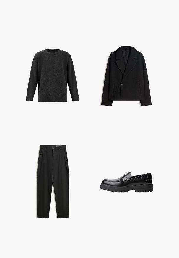 Musta villasekoitekaksirivinen takki, jossa on jämäkät kaulukset, kaksi sivutaskua ja yksi napitus. Pehmeä, tekstuuriainen kangas.; Musta, teksturoitu villapaita pyöreällä pääntiellä ja pitkillä hihoilla. Ominaisuudet löysä istuvuus ja pehmeä, pörröinen pinta.; Mustat puuvillahousut rentoa mallia, joissa on klassinen vyötärö, etukangastukset ja sivutaskut. Sileä pinta ilman kuvioita.; Musta nahkainen loaferi, jossa on paksu urheilupohja ja koristeellinen hihna yläpääkkeellä, esitettynä vasemman sivuprofiilin kuvassa valkoista taustaa vasten.