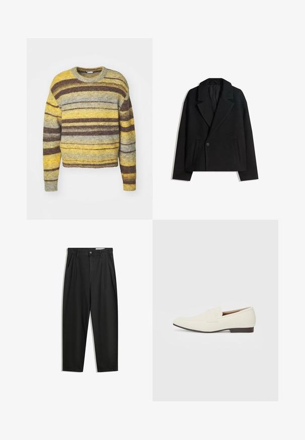 Czarny płaszcz ze wełny w blendzie, dwurzędowy, z wyraźnymi klapami, dwiema bocznymi kieszeniami i pojedynczym zapięciem na guzik. Miękka, teksturowana tkanina.; W paski sweter z okrągłym dekoltem, w odcieniach żółtego, szarego i brązowego. Wykonany z teksturowanej dzianiny, z długimi rękawami.; Czarne bawełniane spodnie o luźnym kroju, z klasycznym pasem, przednimi plisy oraz bocznymi kieszeniami. Gładka struktura, bez wzorów.; Jasne beżowe mokasyny z wąskim noskiem, gładkim materiałem, paskiem na wierzchu stopy oraz niską brązową podeszwą. Prosty design z minimalnymi akcentami.