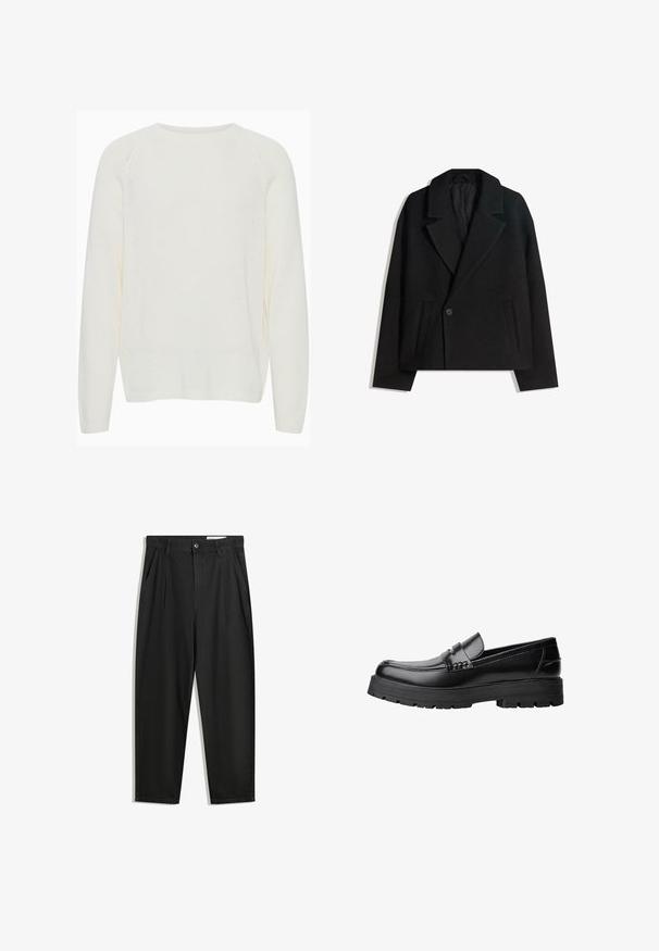 Schwarzer Wollmischung Doppelreiher-Mantel mit strukturierten Revers, zwei Seitentaschen und einer einzelnen Knopfschließe. Weicher, strukturiert Stoff.; Weißer Strickpullover mit rundem Ausschnitt, langen Raglanärmeln, gerippten Bündchen und einem leicht lockeren Schnitt. Die Textur wirkt weich und leicht.; Schwarze Baumwollhose mit lockerem Schnitt, ausgestattet mit einem klassischen Bund, vorderen Falten und Seiten taschen. Glatte Textur ohne Muster.; Schwarzer Lederloafer mit grobem, rutschfestem Sohlenprofil und dekorativem Riemen über der Oberseite, seitlich links auf weißem Hintergrund abgebildet.